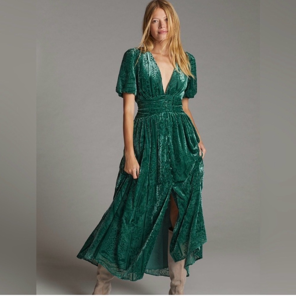 Anthropologie Green Velvet Burnout Midi Dress